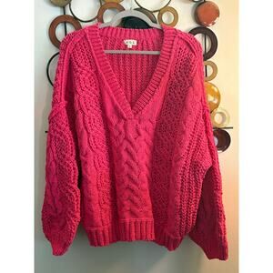 Women’s large POL Fuchsia pink v neck cable knit sweater new with tags